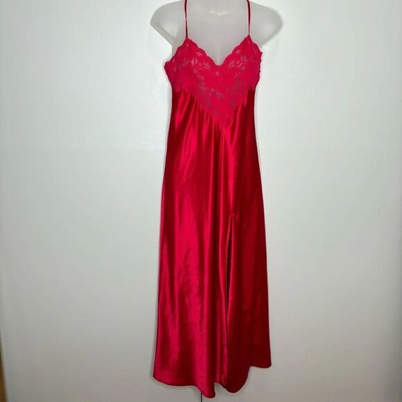 Vintage Victoria’s Secret Y2k Silky Slit Red Maxi Slip Dress Rosette Lace Medium - Picture 1 of 8
